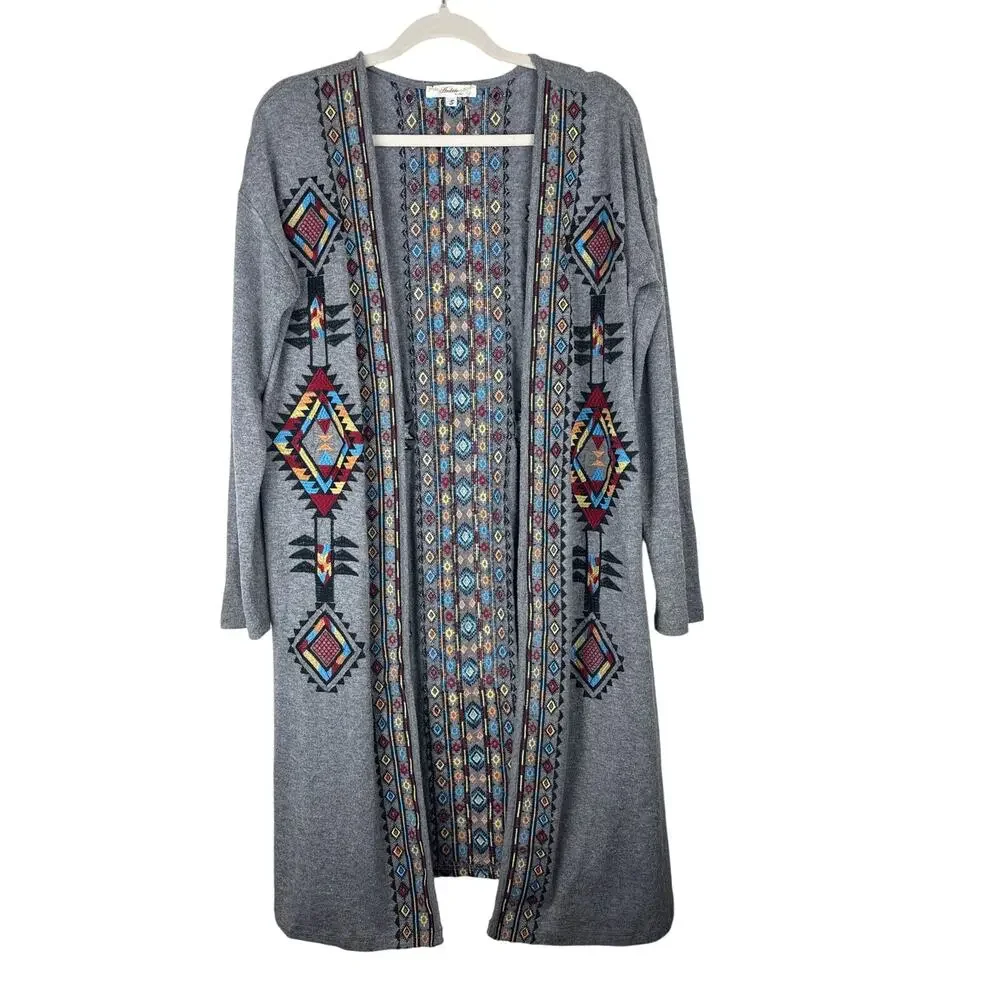 Andree by UNIT Bohemian Tribal Embroidered Open Long Line Cardigan Duster Size S